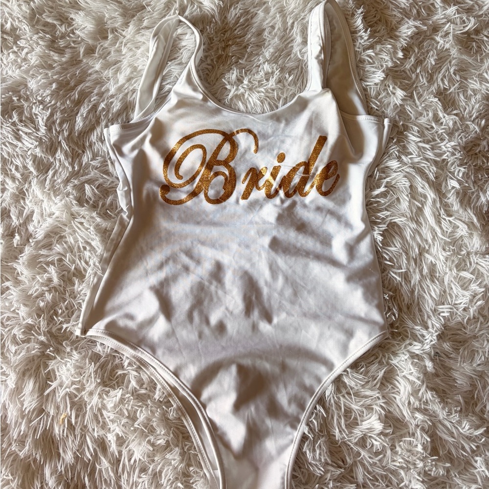 SHEIN White One-Piece Swimsuit with Gold "Bride" Script